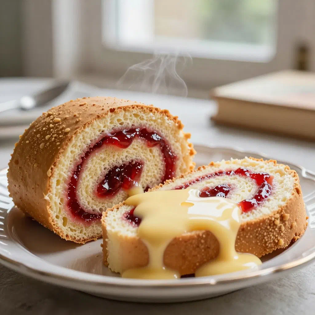 Sliced jam roly-poly pudding with a swirl of raspberry jam and custard