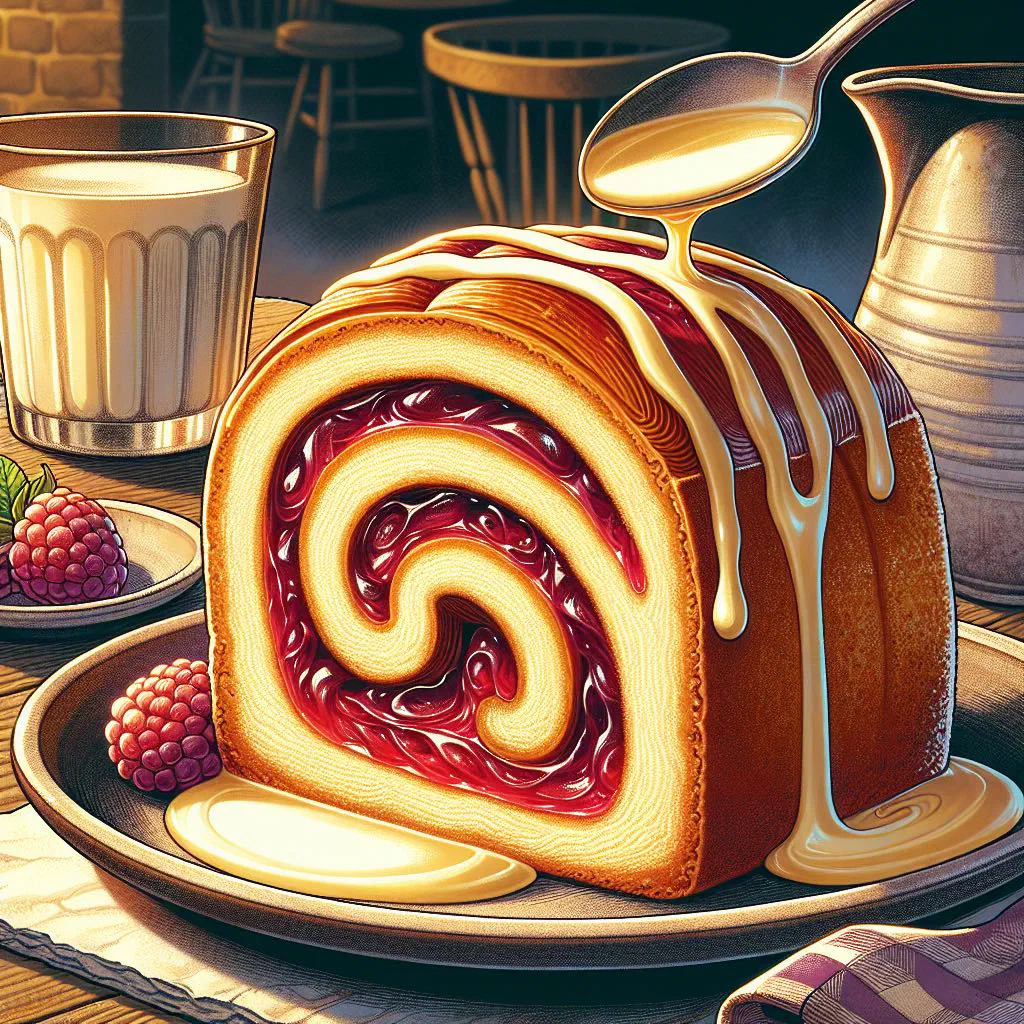 Sliced jam roly-poly pudding with a swirl of raspberry jam and custard
