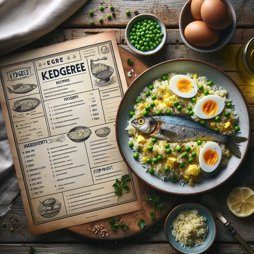 Kedgeree of smoked fish, rice and quartered boiled eggs garnished with parsley
