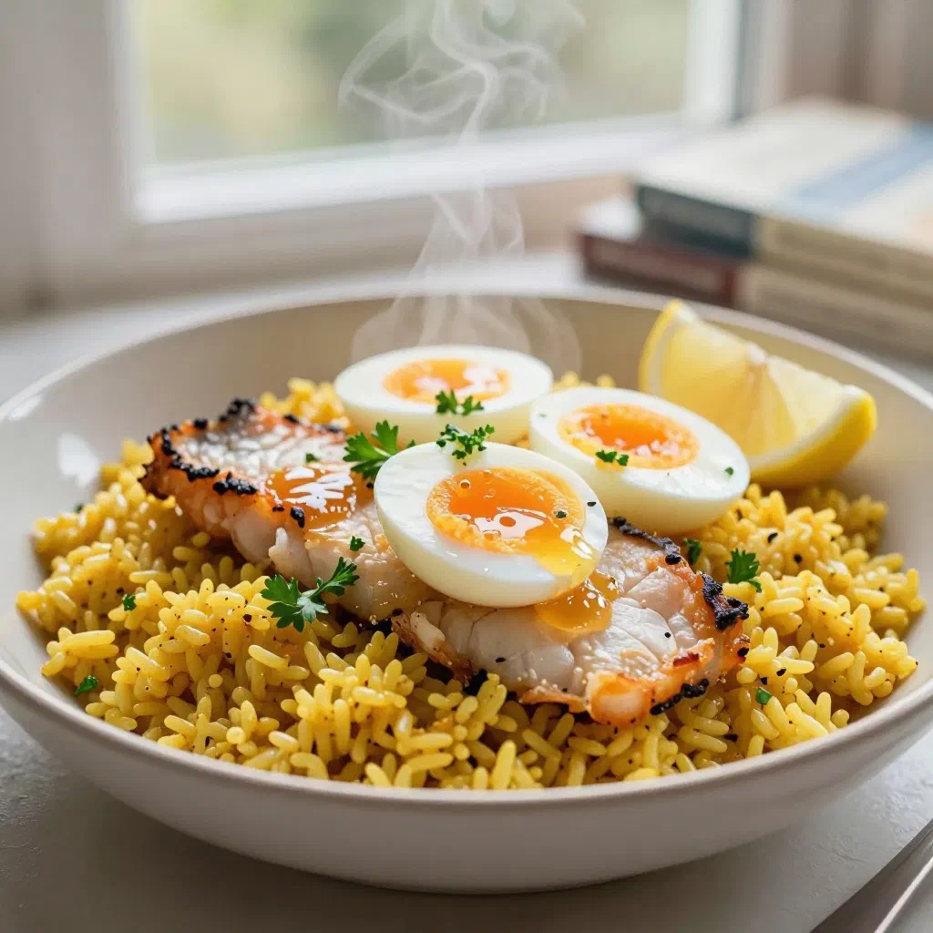 Kedgeree of smoked fish, rice and quartered boiled eggs garnished with parsley