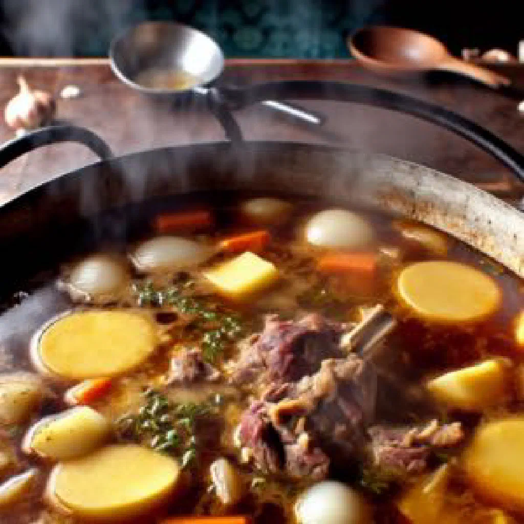 Lamb hotpot topped with golden sliced potatoes in a rustic dish