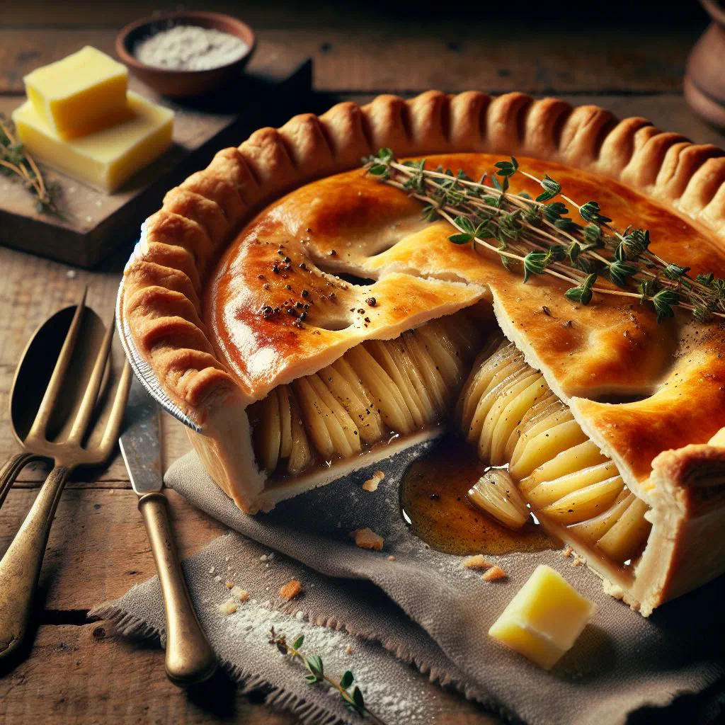 Golden Lancashire butter pie with a slice cut to reveal the creamy potato and onion filling