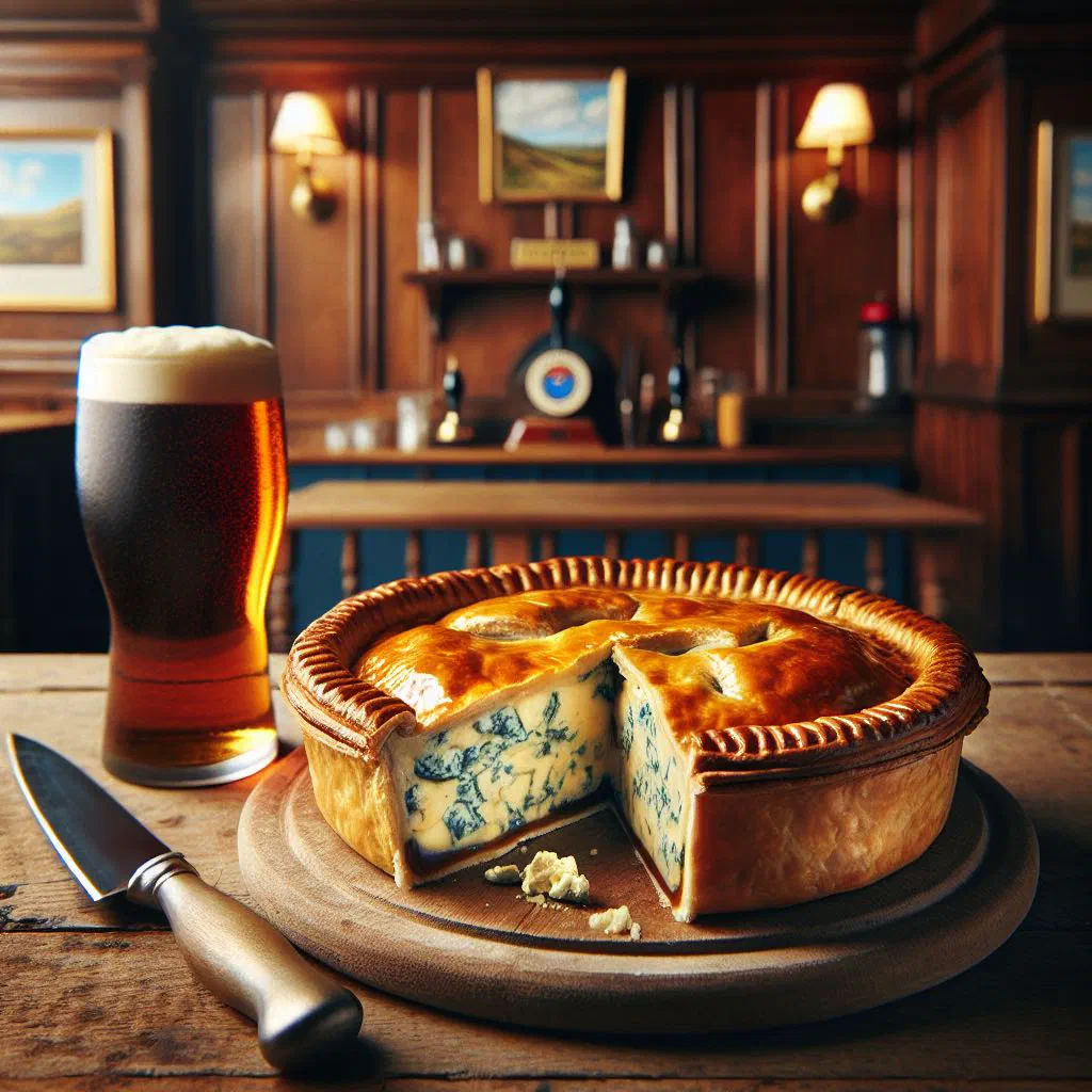 Golden Leicestershire Stilton pie with a crisp puff pastry crust
