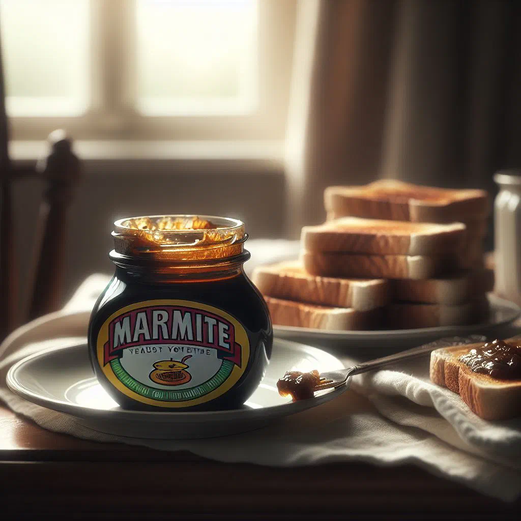 Crisp toast strips spread with Marmite served alongside soft-boiled eggs