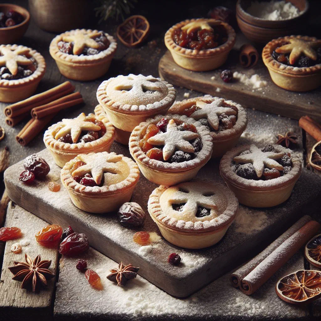 Golden mince pies dusted with icing sugar on a festive plate
