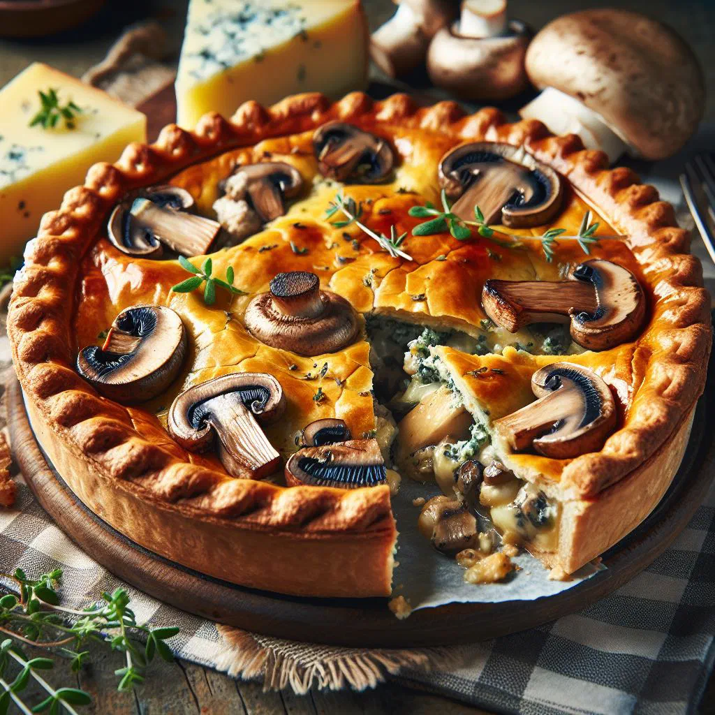 Golden mushroom and Stilton pie with a flaky puff pastry crust