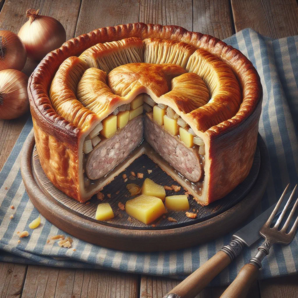 A steaming Norfolk plough pudding with bacon and onion, sliced to show the filling