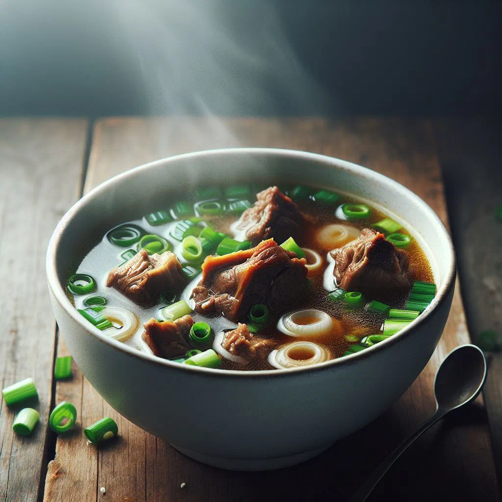 A rustic bowl of rich oxtail soup with tender beef and root vegetables