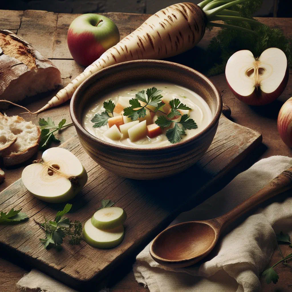 Creamy parsnip and apple soup garnished with fresh parsley