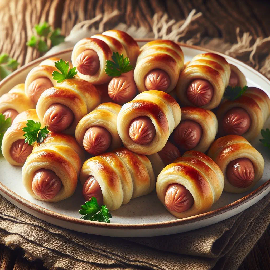 Golden bacon-wrapped sausages on a serving platter