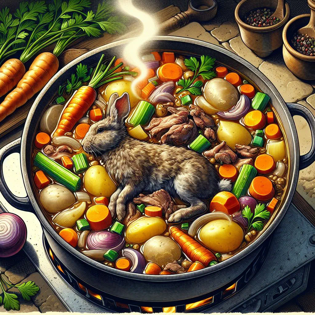 Rustic bowl of rabbit stew with carrots, potatoes and fresh herbs