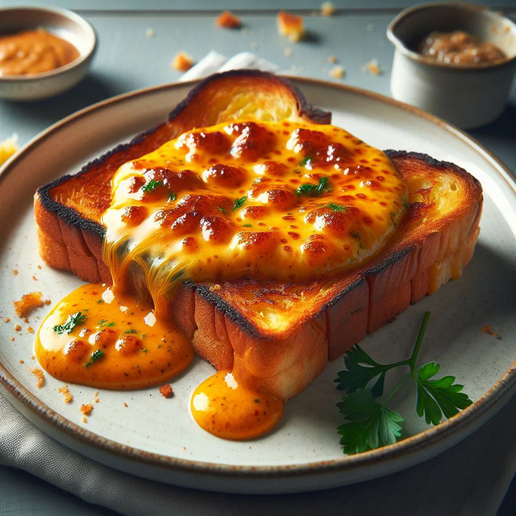 Red Leicester rarebit on toasted bread, golden and bubbling