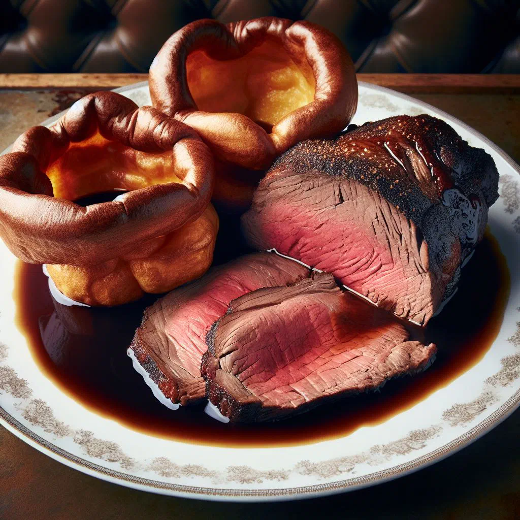 Sliced roast beef served with golden, risen Yorkshire puddings