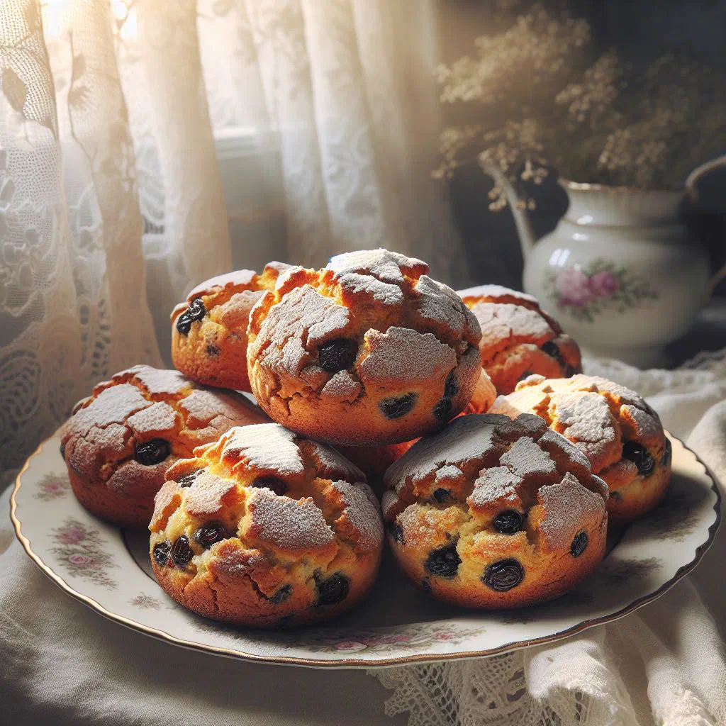 Golden rock cakes studded with dried fruit on a cooling rack