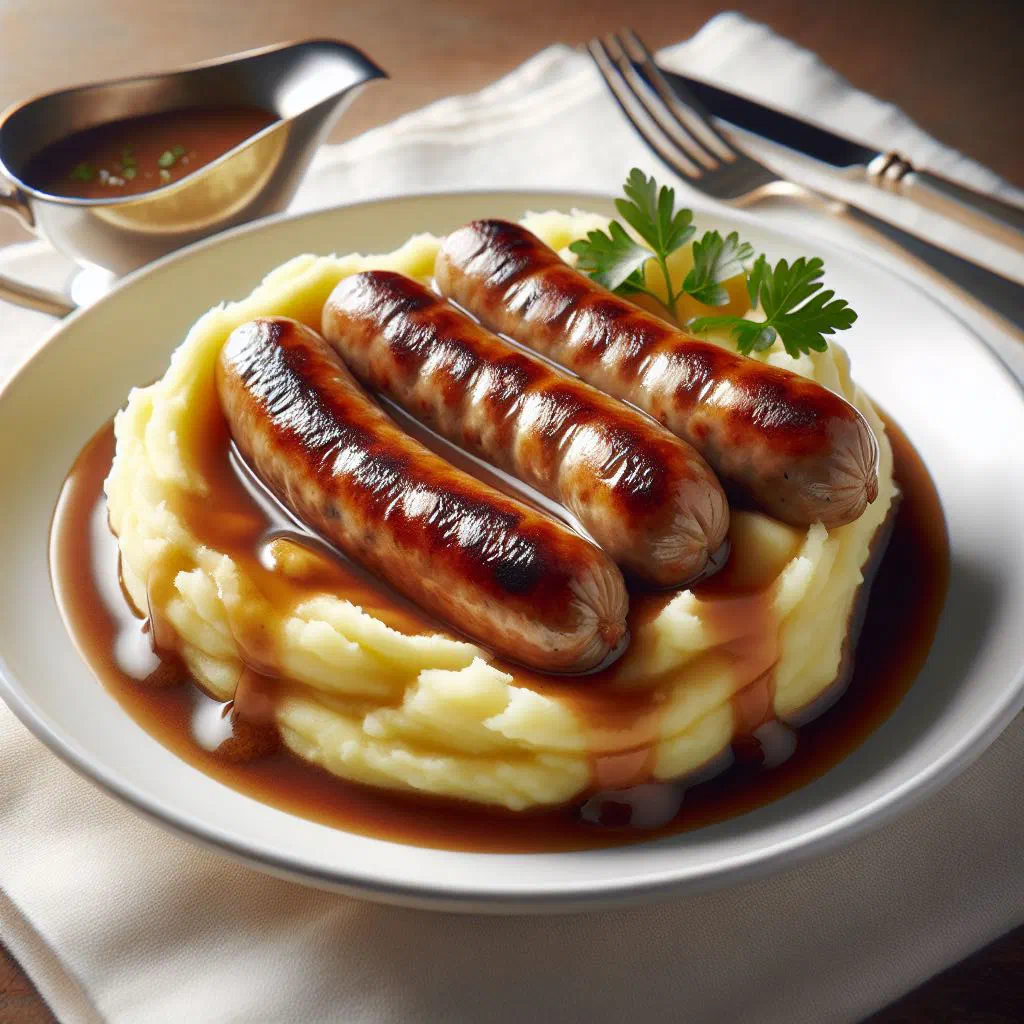 Sausage and mash with creamy potato and rich onion gravy on a plate