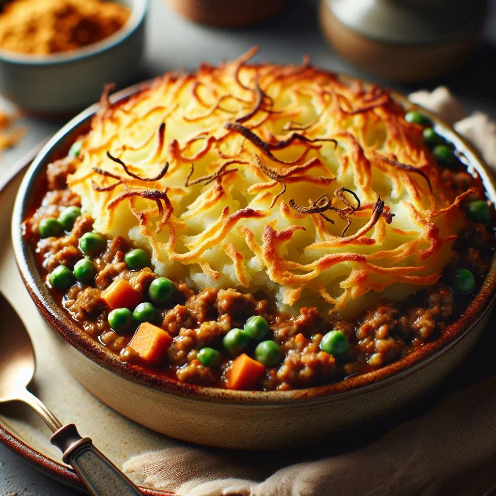 Shepherd’s pie with golden mashed potato topping in a baking dish