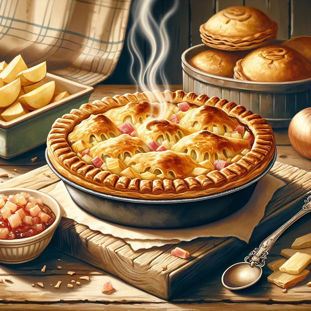 Golden Shropshire fidget pie with a flaky pastry crust, sliced to reveal pork and apple filling