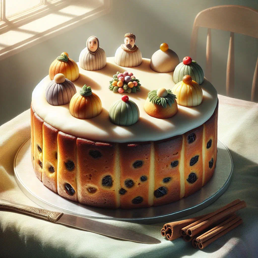 Simnel cake topped with a layer of marzipan and eleven marzipan balls