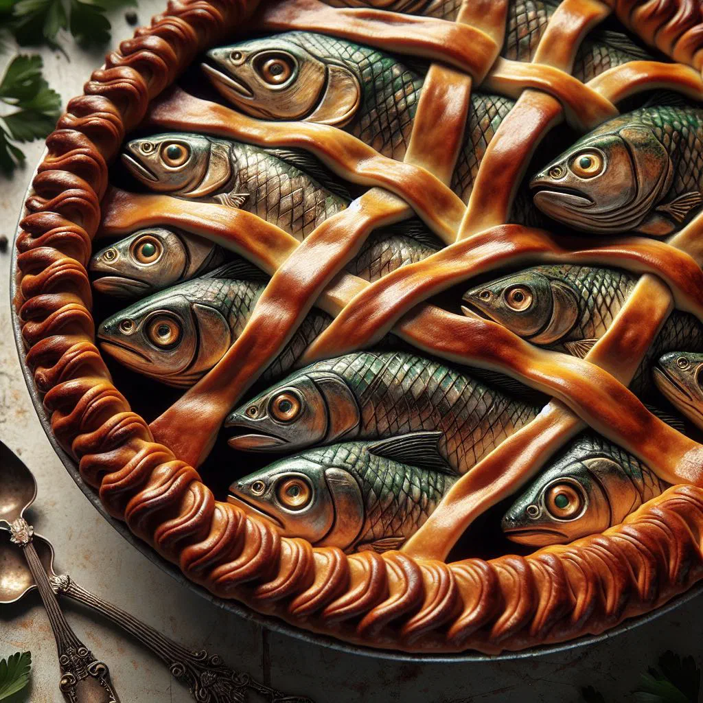 Stargazy pie with fish heads peeking through the golden pastry crust