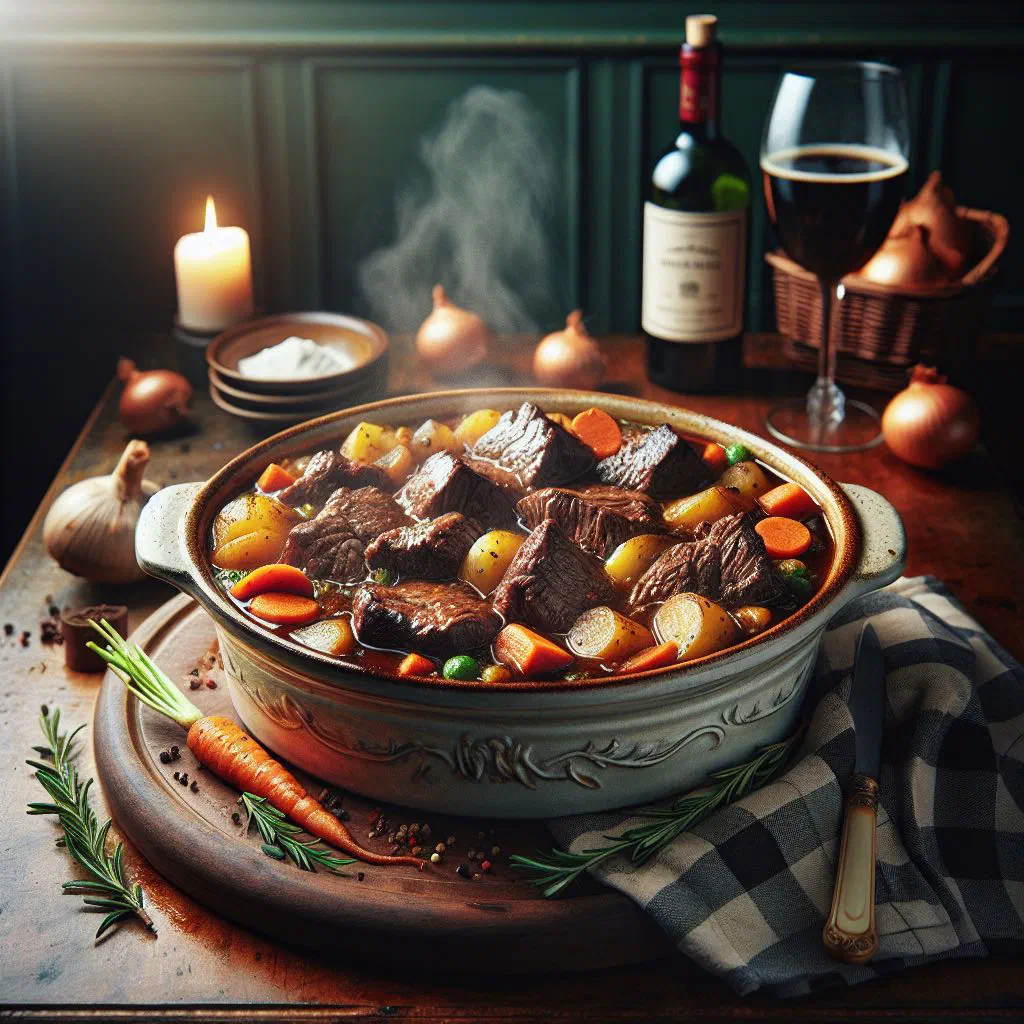 Steak and ale casserole with tender beef, carrots and rich ale gravy
