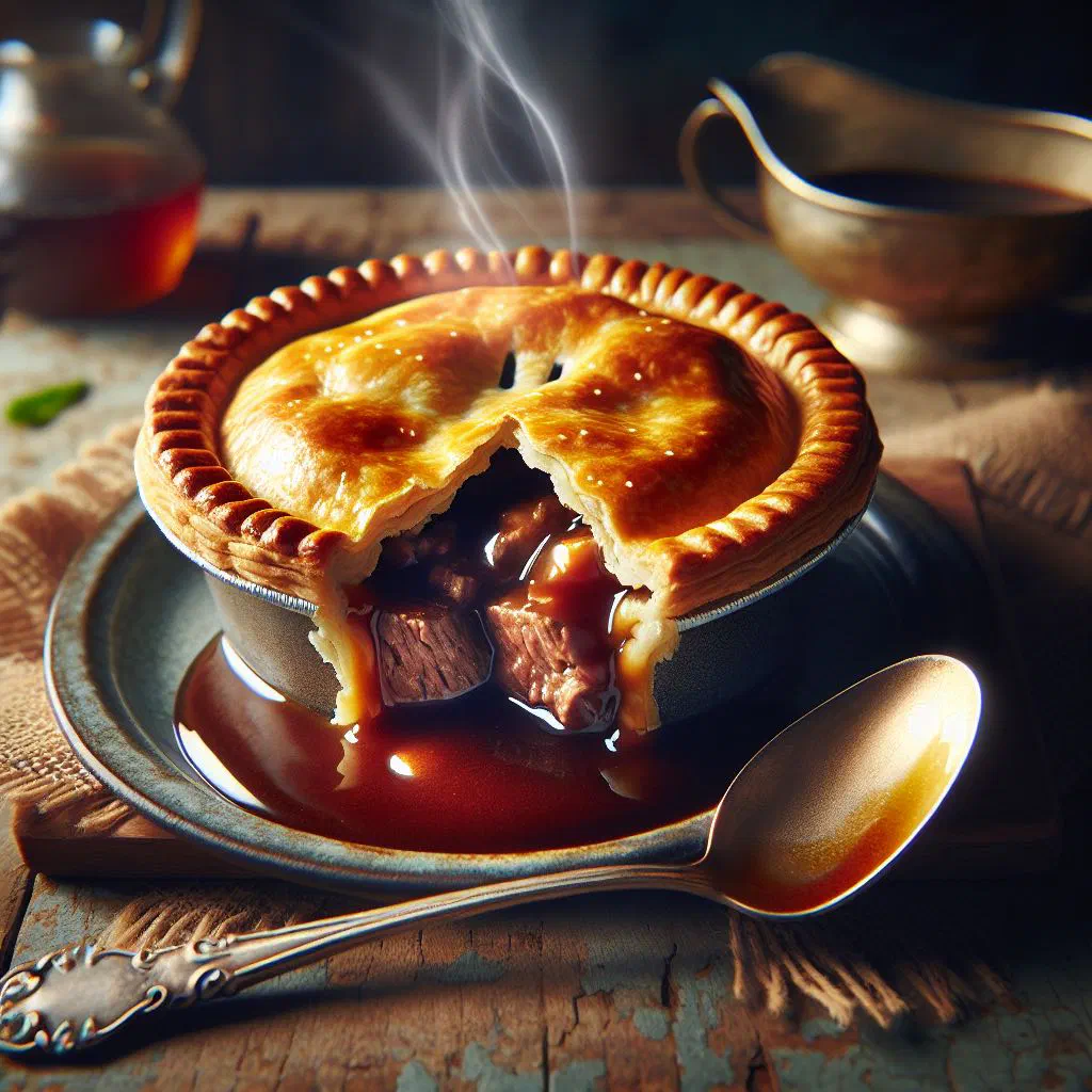 Golden steak and ale pie with flaky puff pastry crust