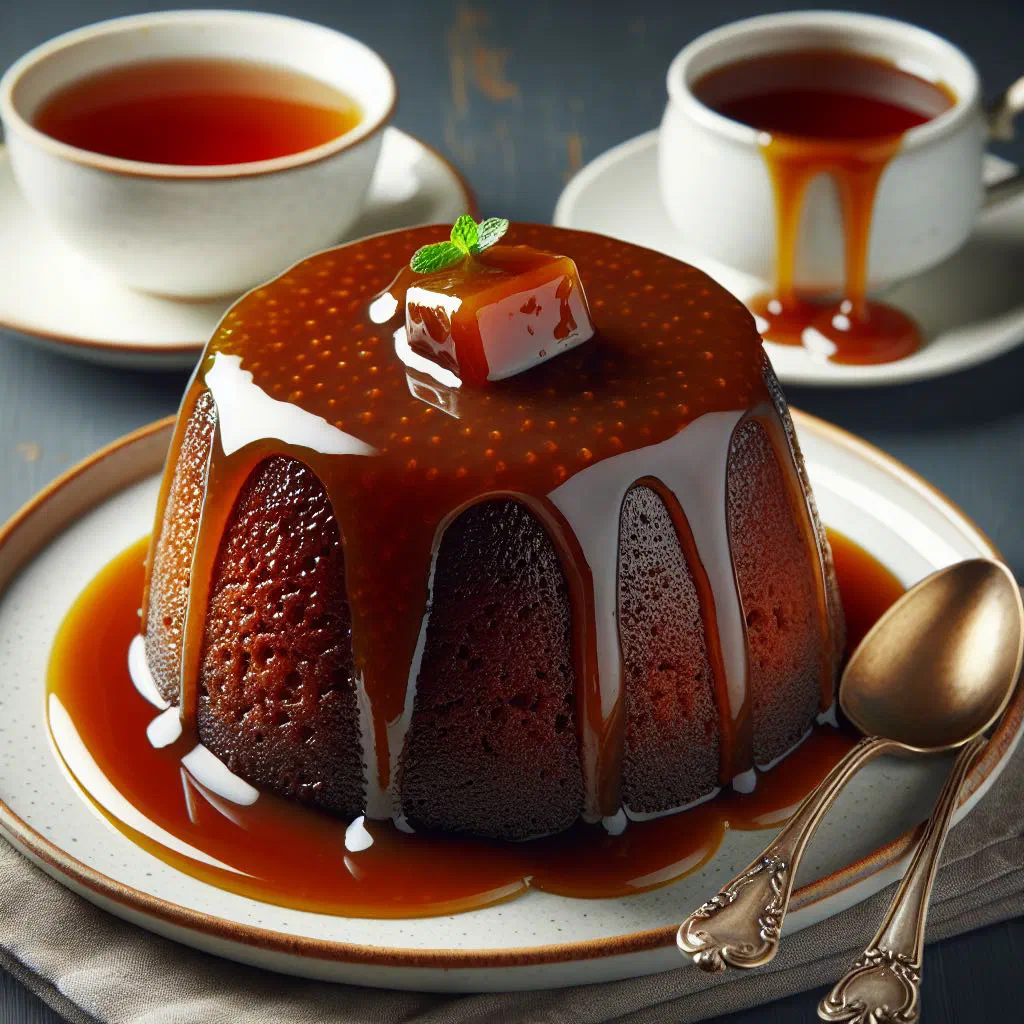 Warm sticky toffee pudding drenched in glossy toffee sauce