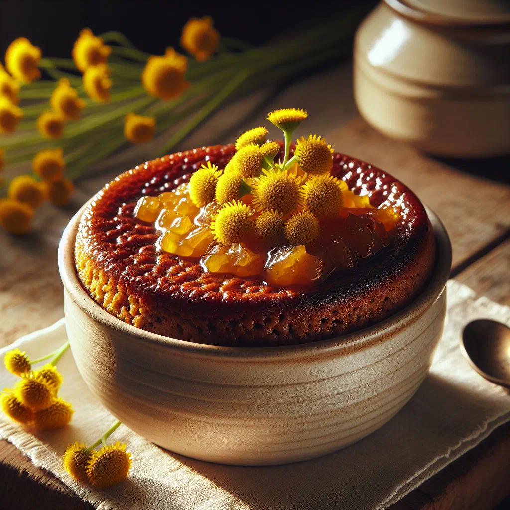 Baked tansy pudding dusted with sugar and garnished with fresh herbs