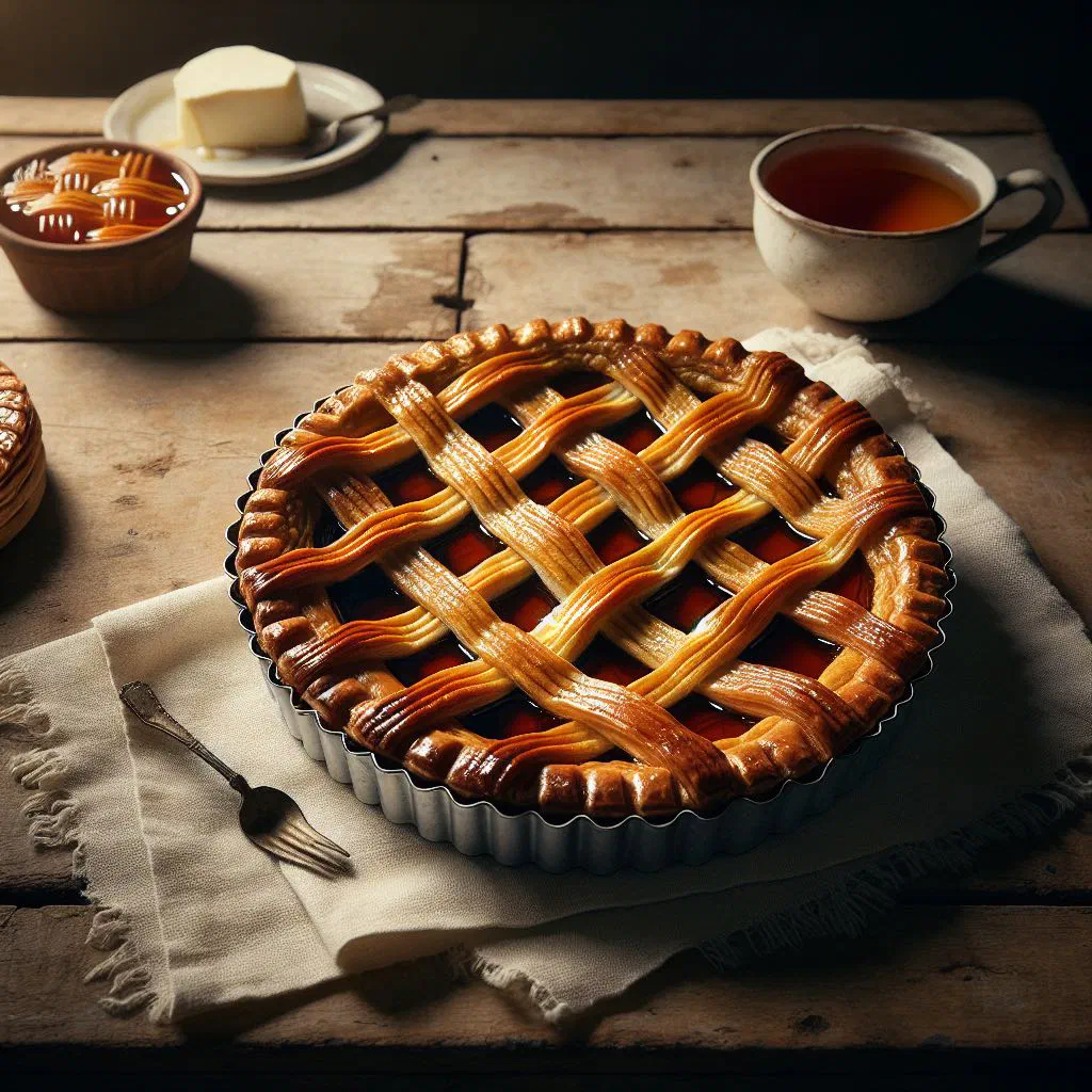 A golden treacle tart in a fluted tin, sliced and ready to serve