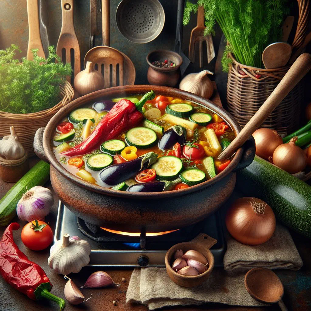 Vegetable hotpot with potatoes, carrots and broccoli in a deep bowl