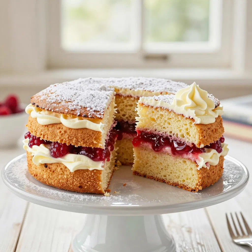 Victoria sponge cake filled with jam and cream, dusted with icing sugar