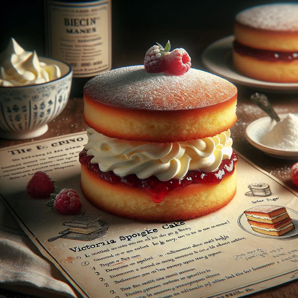 Victoria sponge cake filled with jam and cream, dusted with icing sugar