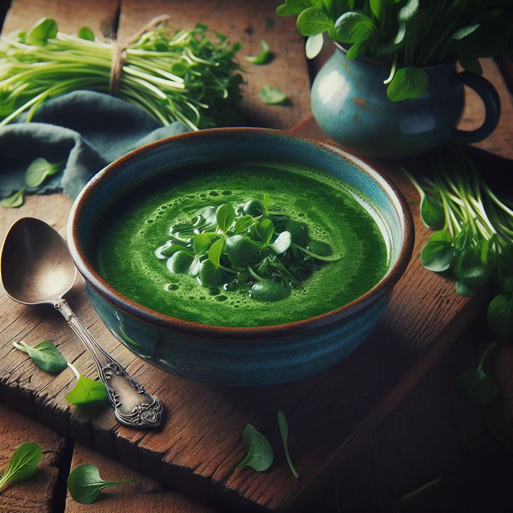 Bowl of creamy green watercress soup with a swirl of cream and fresh leaves