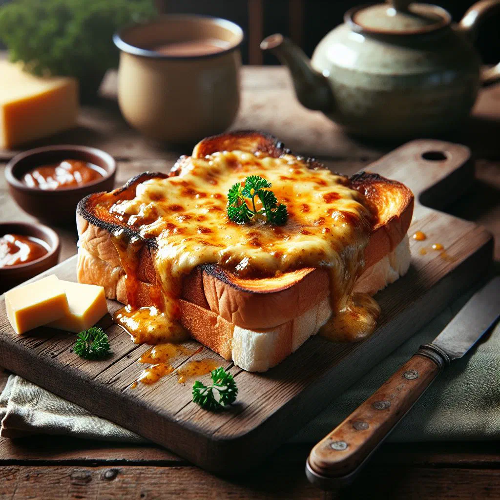 Welsh rarebit with bubbling golden cheese on toasted bread