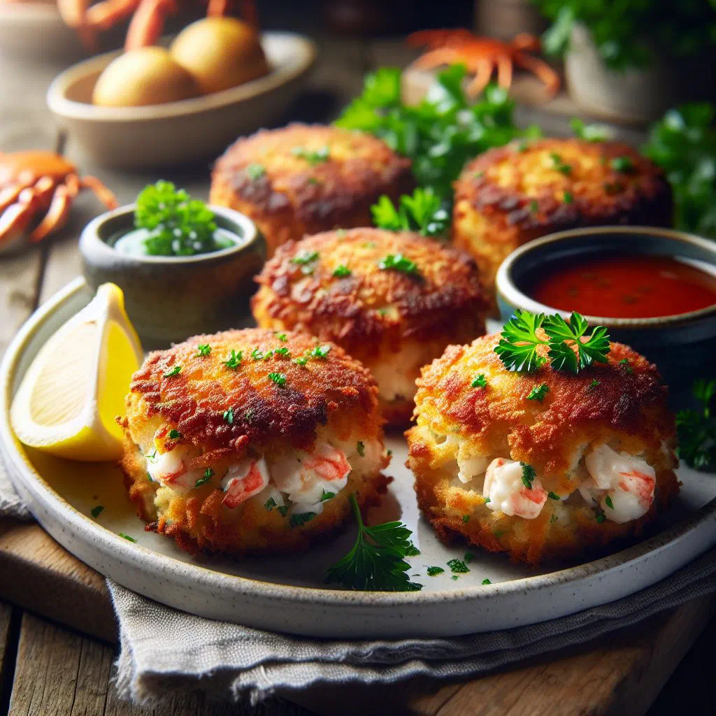 Golden, crisp West Country crab cakes served with lemon wedges and fresh herbs