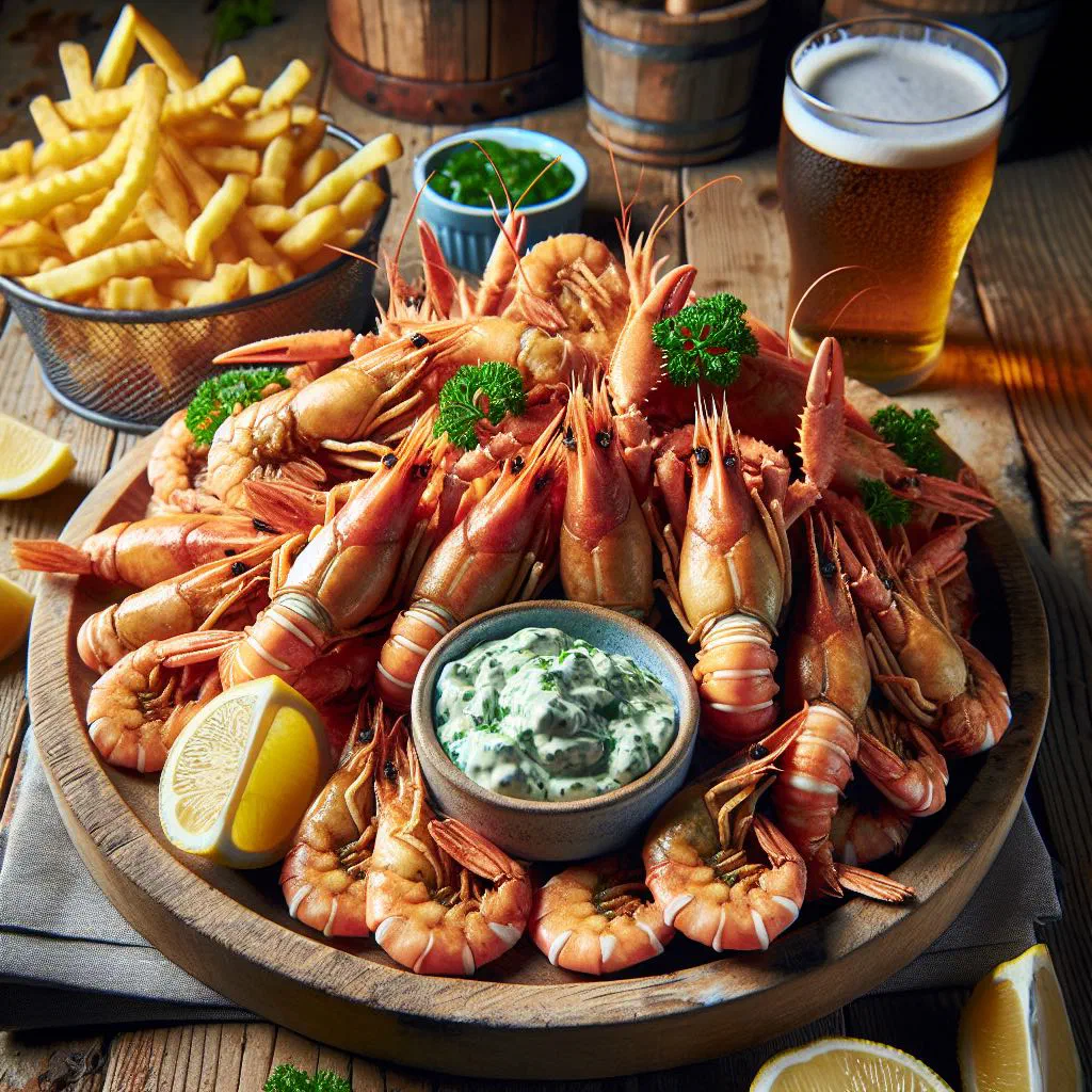 Golden, crisp-fried Whitby scampi served with lemon wedges