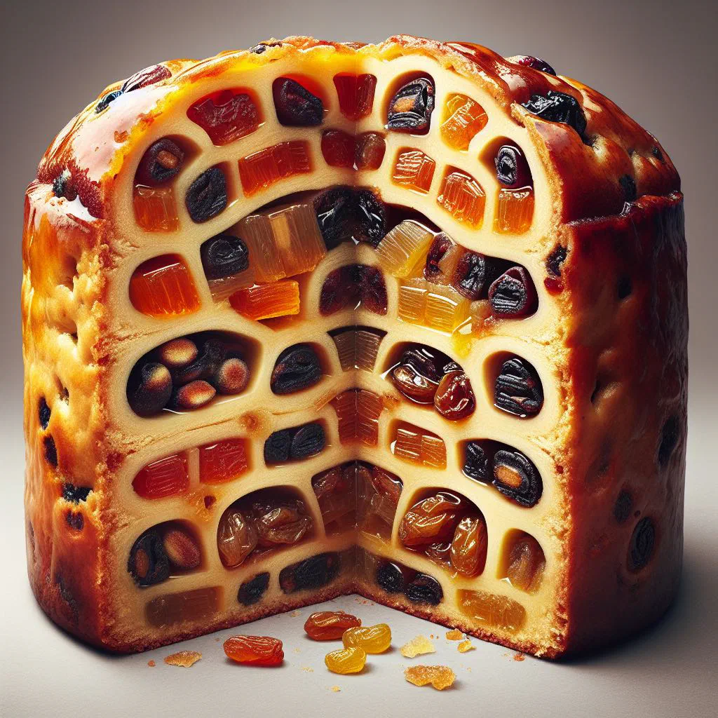 Golden Wiltshire lardy cake studded with raisins, sliced on a board