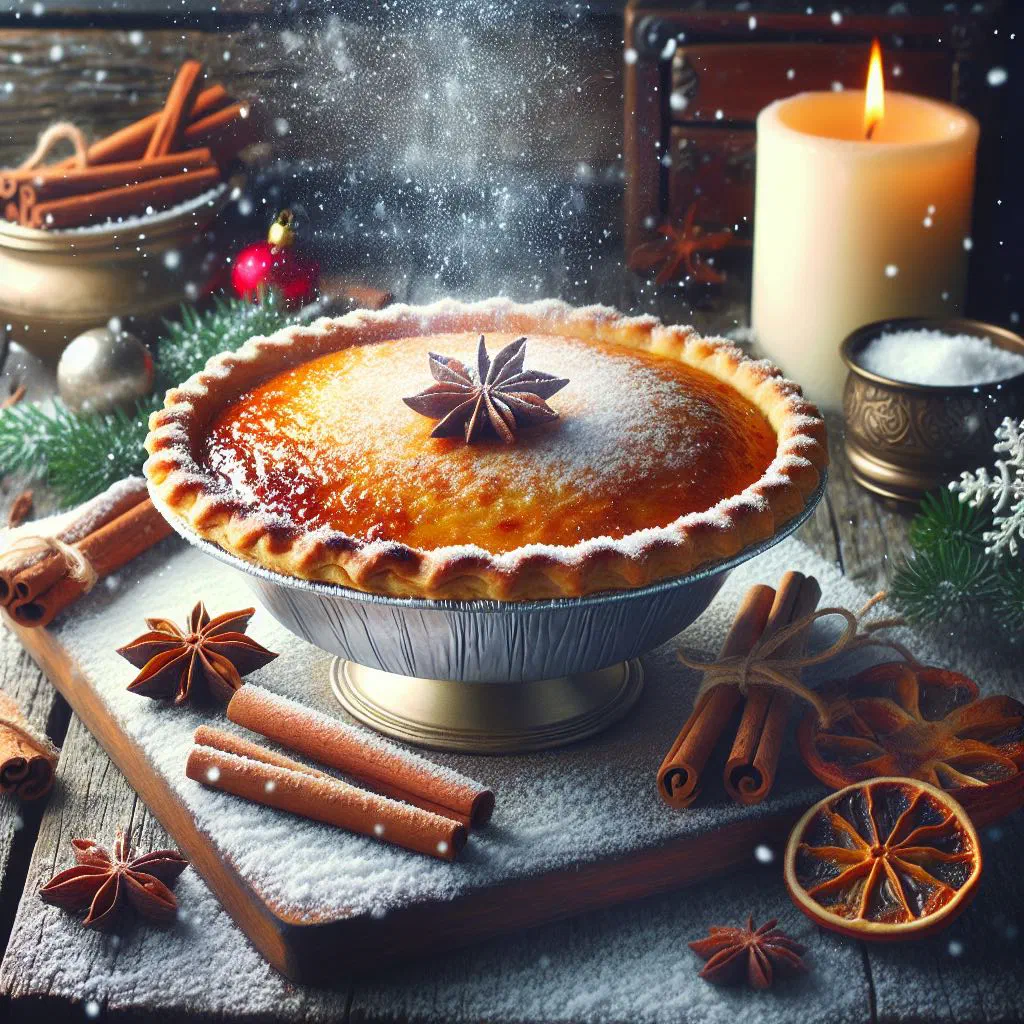 Golden winter pudding pie with dried fruit filling, served with custard