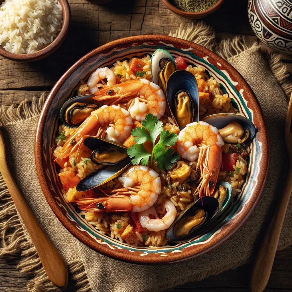 Bowl of seafood rice with prawns, mussels and fresh parsley