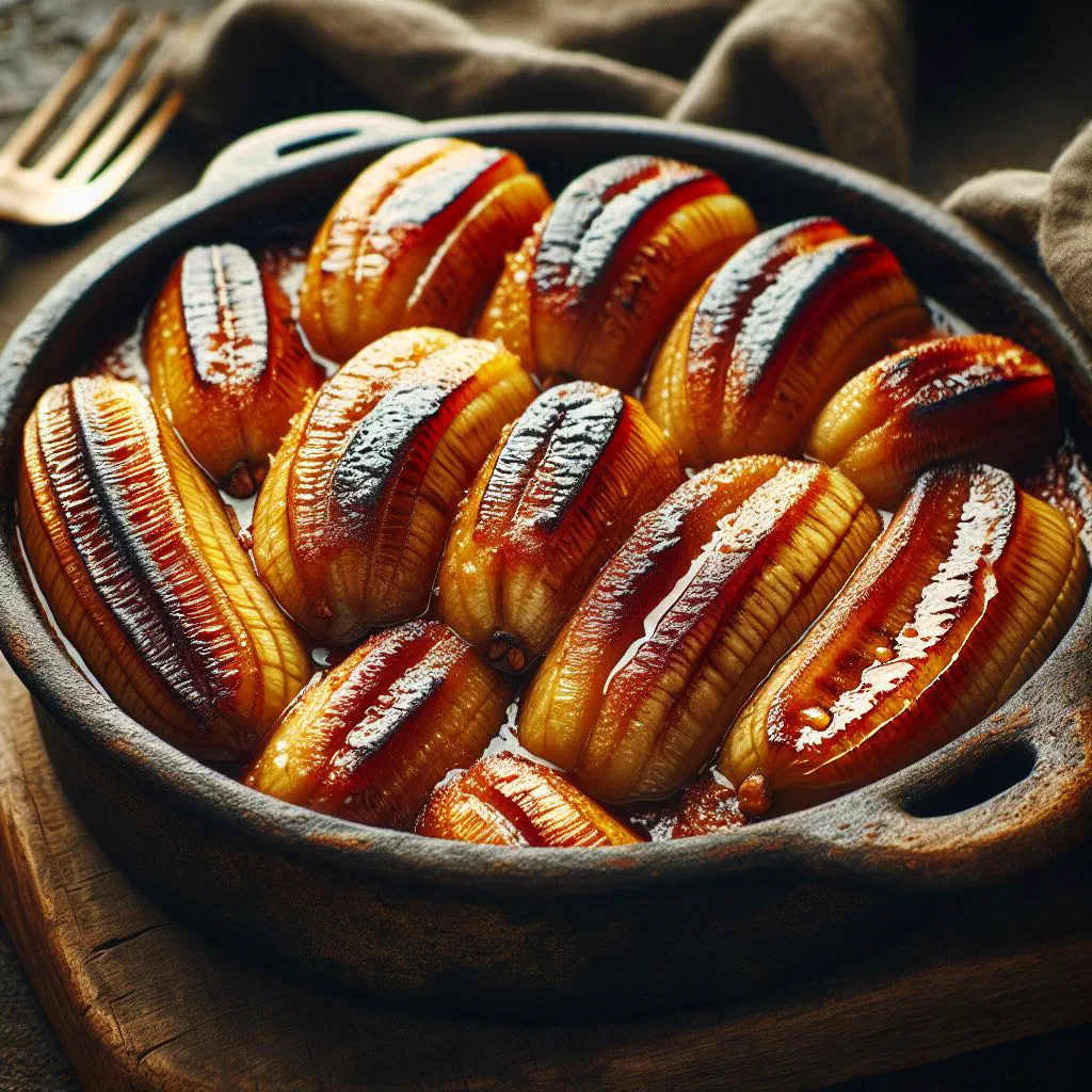 Baked bananas topped with brown sugar and cinnamon in a dish