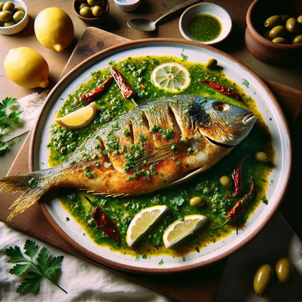 Pan-fried fish fillets topped with a fresh green herb and parsley sauce