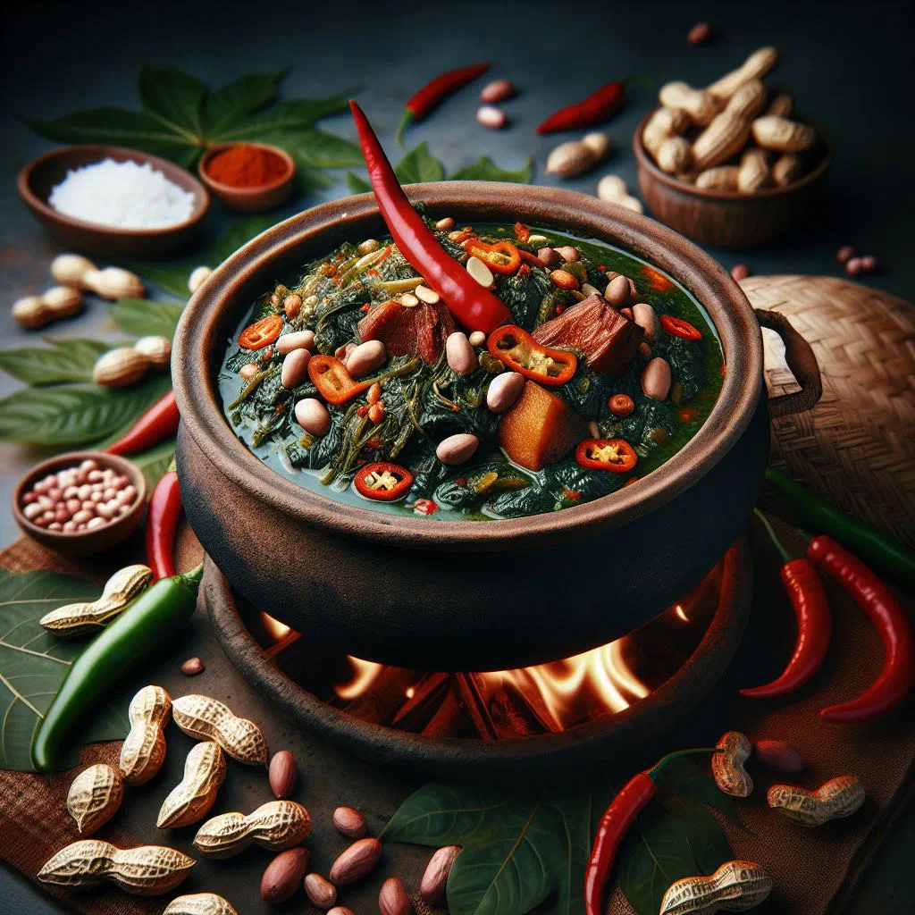Fumbwa leafy green and peanut stew served in a deep bowl