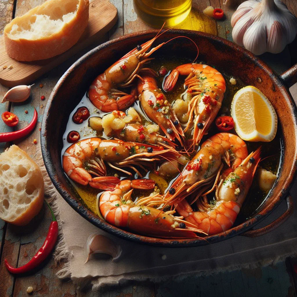 Garlic prawns sizzling in olive oil, garnished with parsley and lemon