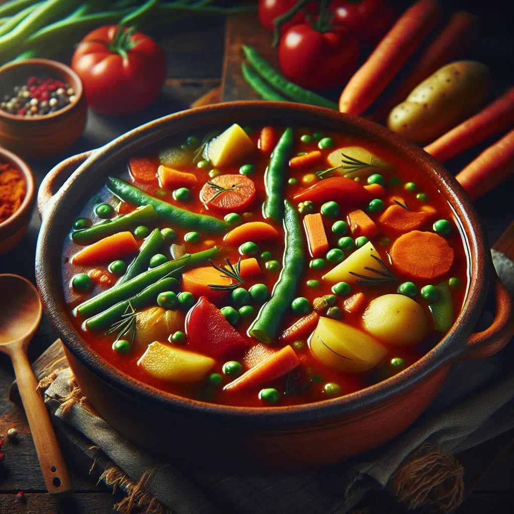 Colourful vegetable stew in coconut sauce served in a bowl