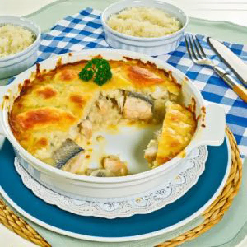 Kanda with fish, vegetables and rice garnished with fresh herbs