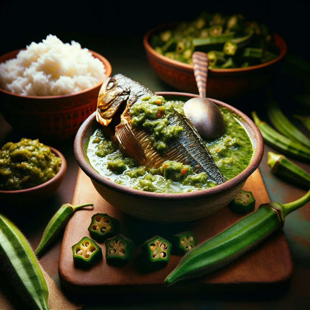 Okra sauce with tender fish, tomatoes and onions in a rich bowl