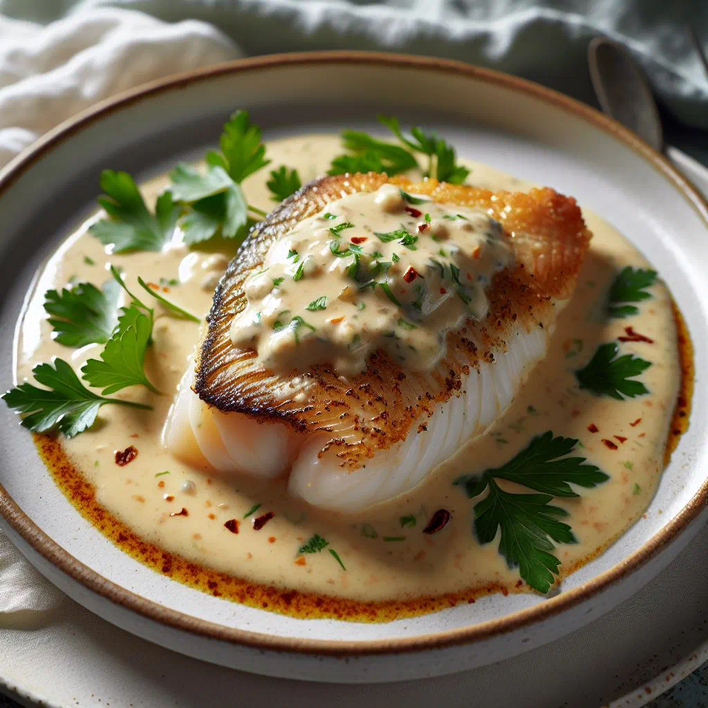 Fish fillets in a creamy coconut sauce garnished with fresh coriander