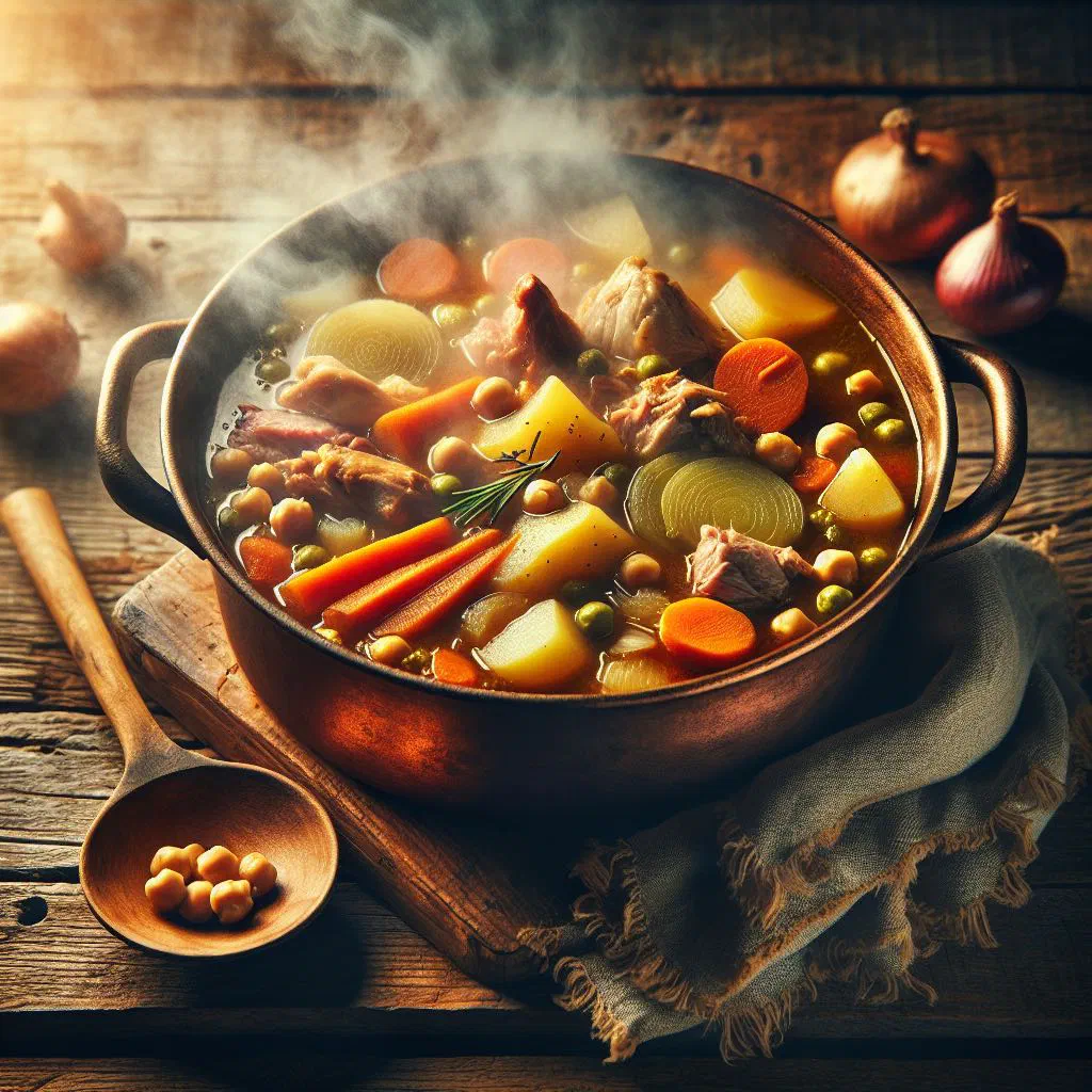 A bowl of Puchero stew with tender beef, potato, carrot and fresh herbs
