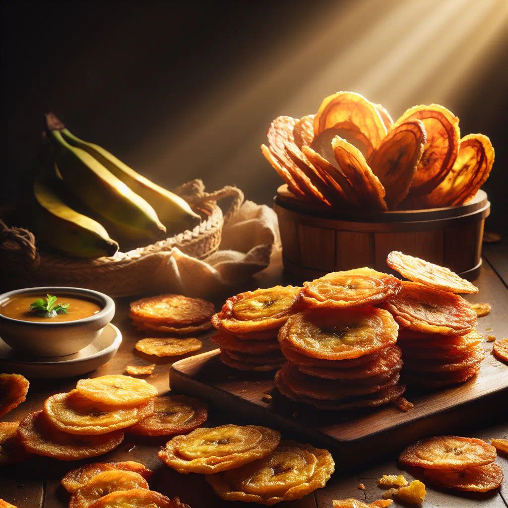 Golden crispy tostones, twice-fried green plantains sprinkled with salt