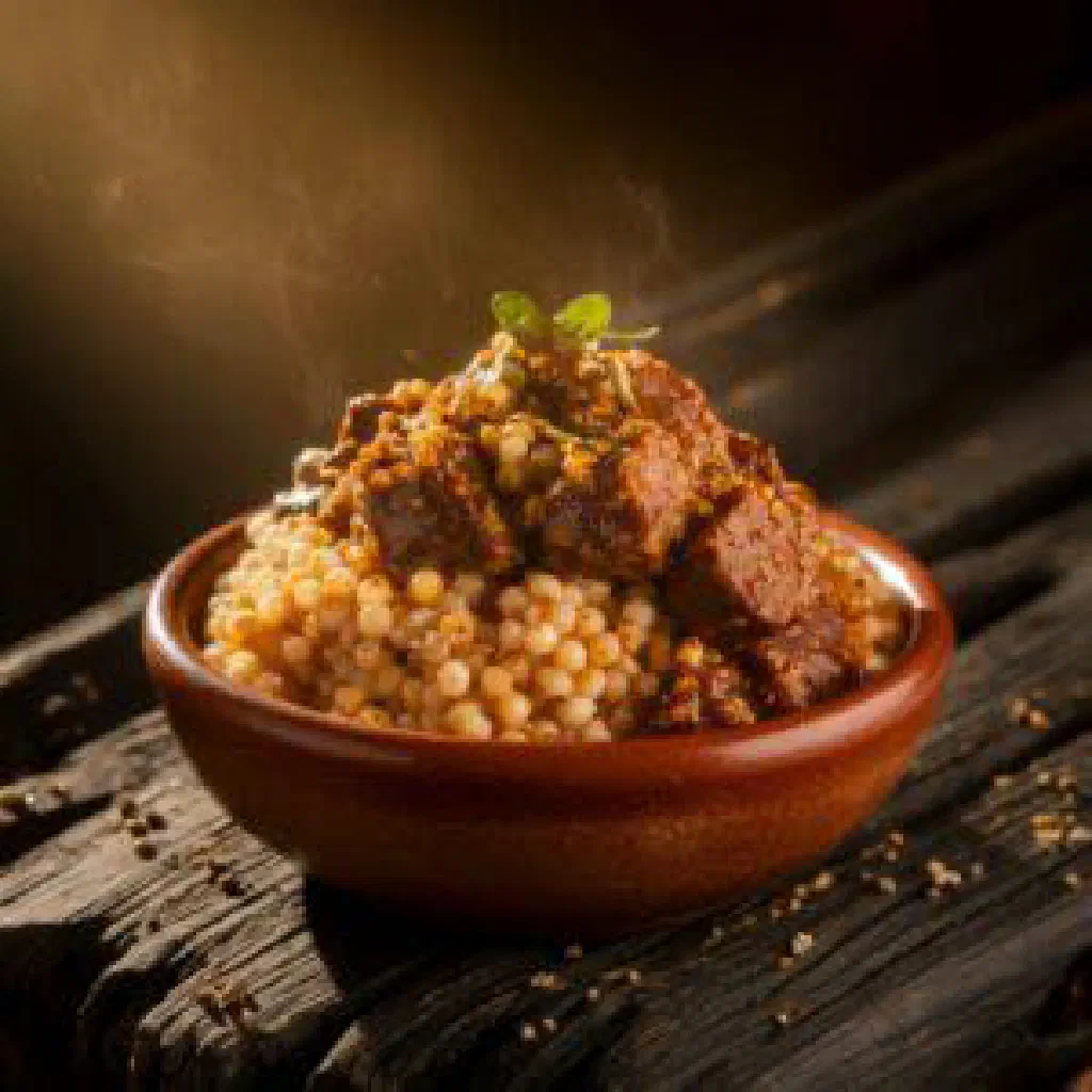 Mound of Ga'at maize porridge served with a spicy sauce