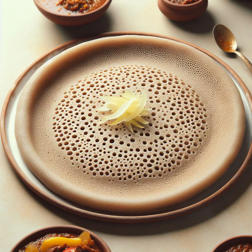 Spongy injera flatbread served on a large platter alongside Eritrean stews